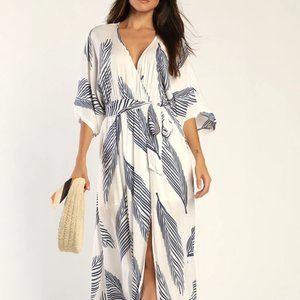 Sign of the Times White and Navy Blue Leaf Print Maxi Dress